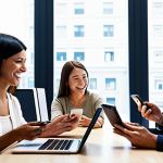 **

A diverse group of people interacting with various digital devices (smartphones, tablets, laptops) seamlessly connected to a company's online platform. The platform showcases personalized offers, easy navigation, and responsive customer support. The overall feel is modern, user-friendly, and focuses on effortless customer experience.

**
