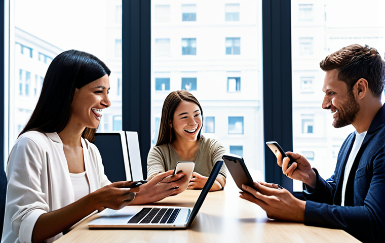 **
A diverse group of people interacting with various digital devices (smartphones, tablets, laptops) seamlessly connected to a company's online platform. The platform showcases personalized offers, easy navigation, and responsive customer support. The overall feel is modern, user-friendly, and focuses on effortless customer experience.
**