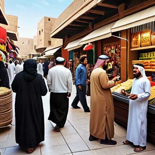 Home 14 **
* **Prompt:** A bustling Middle Eastern marketplace scene, vibrant colors, modern shoppers using smartphones, traditional goods mixed with innovative gadgets, showcasing the blend of tradition and technology in consumer behavior. Focus on friendly interactions and diverse demographics.
**