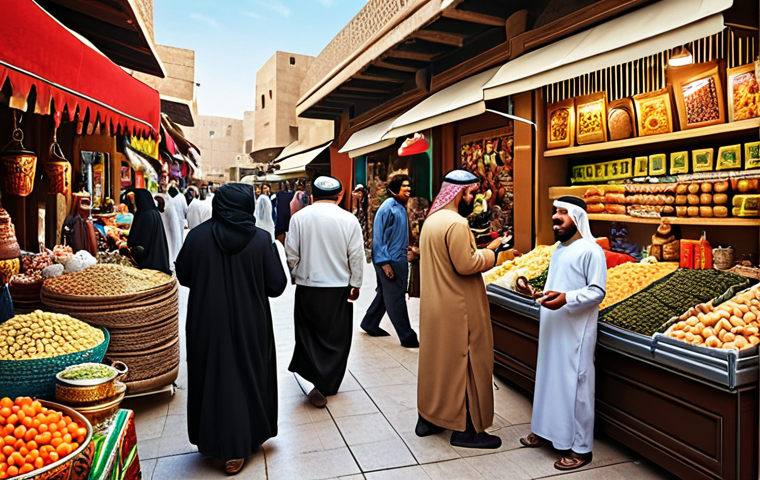 **
* **Prompt:** A bustling Middle Eastern marketplace scene, vibrant colors, modern shoppers using smartphones, traditional goods mixed with innovative gadgets, showcasing the blend of tradition and technology in consumer behavior. Focus on friendly interactions and diverse demographics.
**