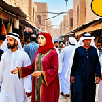 **Prompt:** A diverse group of consumers (men and women in traditional Middle Eastern clothing) at a bustling marketplace, some looking confused, others confident, with an overlay of icons representing consumer rights (scales of justice, information symbol, speech bubble). Focus on bright, vibrant colors and a sense of community.