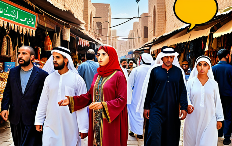 **Prompt:** A diverse group of consumers (men and women in traditional Middle Eastern clothing) at a bustling marketplace, some looking confused, others confident, with an overlay of icons representing consumer rights (scales of justice, information symbol, speech bubble). Focus on bright, vibrant colors and a sense of community.