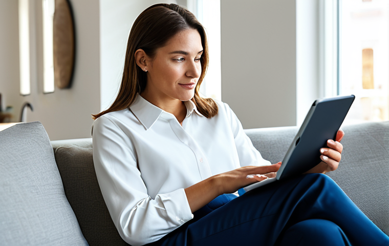 A professional adult woman, fully clothed in a modest business casual outfit, sitting comfortably on a sleek sofa in a brightly lit modern living room. She is looking at a tablet, displaying a clean, intuitive interface with personalized content recommendations. The image emphasizes a sense of seamless digital experience, with warm, inviting colors and soft natural light. Safe for work, appropriate content, fully clothed, perfect anatomy, correct proportions, natural pose, well-formed hands, proper finger count, natural body proportions, professional dress, high quality, family-friendly.