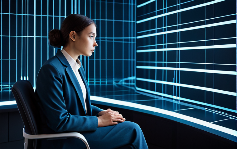 A professional-looking individual, fully clothed in modest business attire, sits contemplatively in a sleek, futuristic digital environment. They are observing abstract, flowing data streams around them, some appearing secure and encrypted, others subtly hinting at vulnerability. The person's expression is thoughtful, reflecting concern and the need for robust digital privacy. The setting is a clean, minimalist space with glowing digital lines and abstract data visualizations. High-resolution professional photography, cinematic lighting, perfect anatomy, correct proportions, natural pose, well-formed hands, proper finger count, natural body proportions, safe for work, appropriate content, fully clothed, professional, modest.