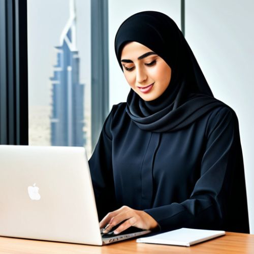 Home 30 **
"A professional Arab businesswoman in a modest, tailored abaya and hijab, working on a laptop in a bright, modern office in Dubai, fully clothed, appropriate attire, safe for work, perfect anatomy, correct proportions, natural pose, well-formed hands, proper finger count, natural body proportions, professional photography, high quality, family-friendly."
**