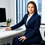 **Professional Businesswoman:** "A professional businesswoman in a modest business suit, sitting at a desk in a modern office, fully clothed, appropriate attire, safe for work, perfect anatomy, natural proportions, professional photography, high quality."