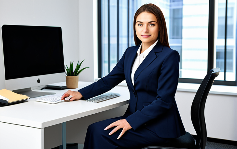 **Professional Businesswoman:** "A professional businesswoman in a modest business suit, sitting at a desk in a modern office, fully clothed, appropriate attire, safe for work, perfect anatomy, natural proportions, professional photography, high quality."
