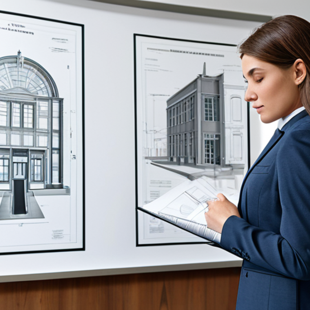 소비자 보호 관련 강의 콘텐츠 개발 - A professional female architect in a modern office, wearing a modest business suit, reviewing bluepr...