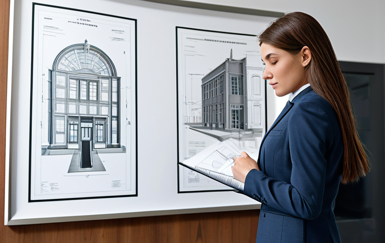 소비자 보호 관련 강의 콘텐츠 개발 - A professional female architect in a modern office, wearing a modest business suit, reviewing bluepr...