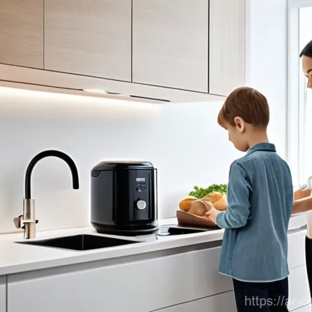 소비자 피해 예방을 위한 기업 사례 - **Prompt:** A modern, minimalistic kitchen scene with a family of three (mother, father, and a small...