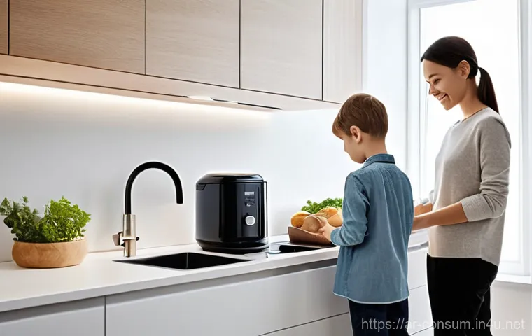 소비자 피해 예방을 위한 기업 사례 - **Prompt:** A modern, minimalistic kitchen scene with a family of three (mother, father, and a small...