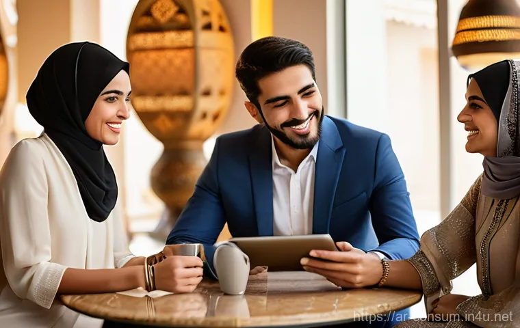 소비자 행동 데이터를 활용한 글로벌 혁신 전략 개발 사례 연구 - **Prompt:** A diverse group of young and middle-aged Arab men and women, dressed in elegant and cont...
