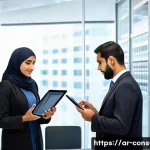 소비자 보호와 관련된 법적 사례 연구 - A detailed scene of a modern Middle Eastern consumer protection office in action, featuring Arabic s...