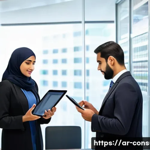 소비자 보호와 관련된 법적 사례 연구 - A detailed scene of a modern Middle Eastern consumer protection office in action, featuring Arabic s...