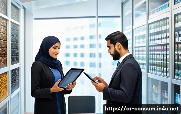 소비자 보호와 관련된 법적 사례 연구 - A detailed scene of a modern Middle Eastern consumer protection office in action, featuring Arabic s...