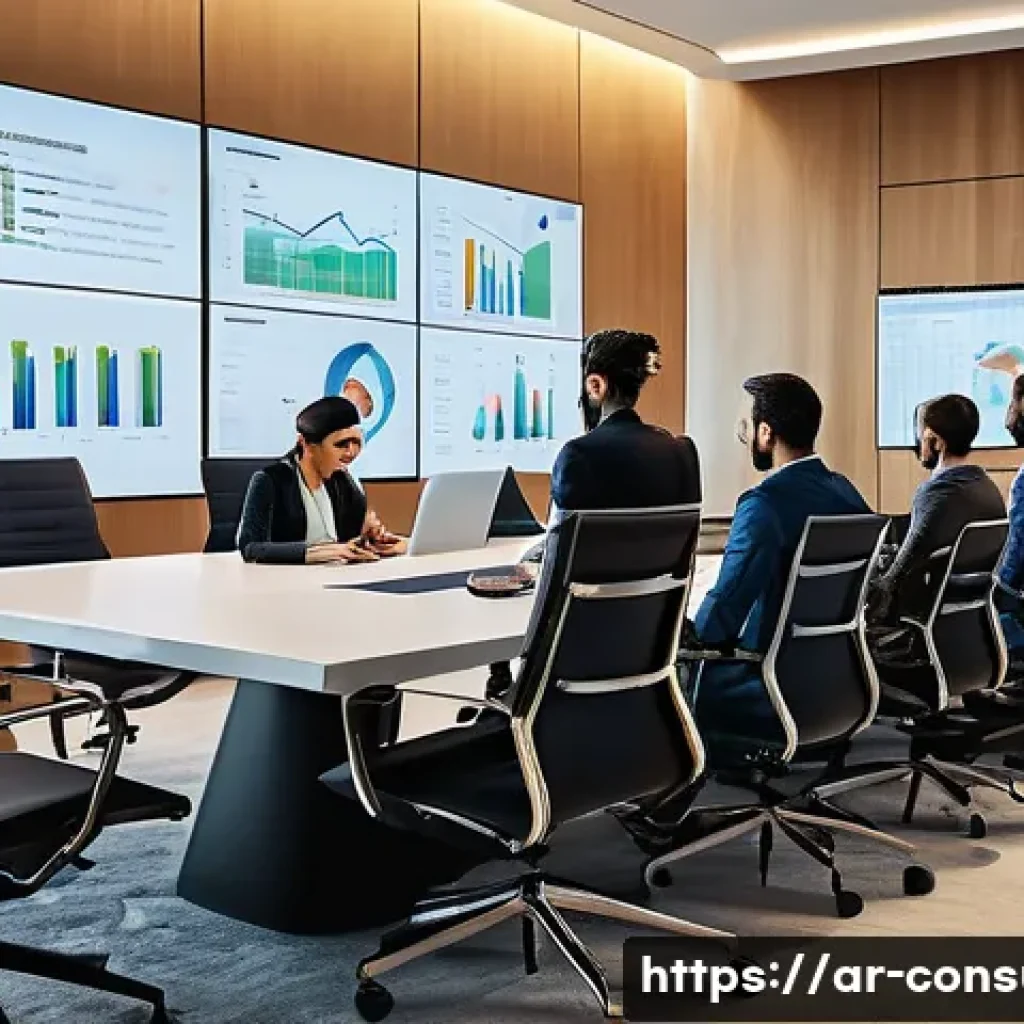 소비자중심 경영 도입의 장단점 - A modern Middle Eastern corporate office scene showing a diverse team of professionals collaborating...