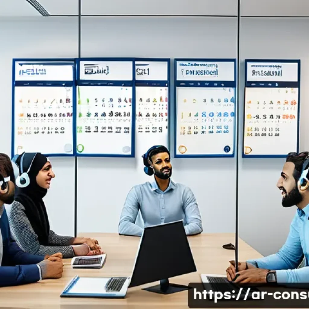 소비자 불만 처리와 CS 혁신 사례 - A professional Middle Eastern customer service team in a modern office environment, engaging in acti...