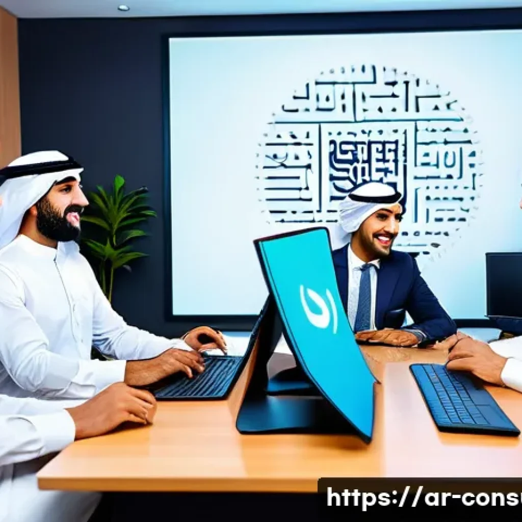소비자 불만 처리 우수 사례 분석 - A modern Middle Eastern customer service office setting, featuring a diverse team of young Arab prof...
