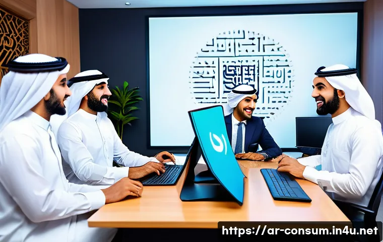 소비자 불만 처리 우수 사례 분석 - A modern Middle Eastern customer service office setting, featuring a diverse team of young Arab prof...