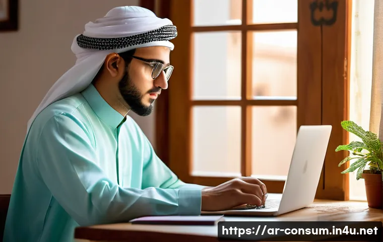소비자 보호법 시험 준비 요령 - A focused young Arab student studying early in the morning at a traditional wooden desk, wearing mod...
