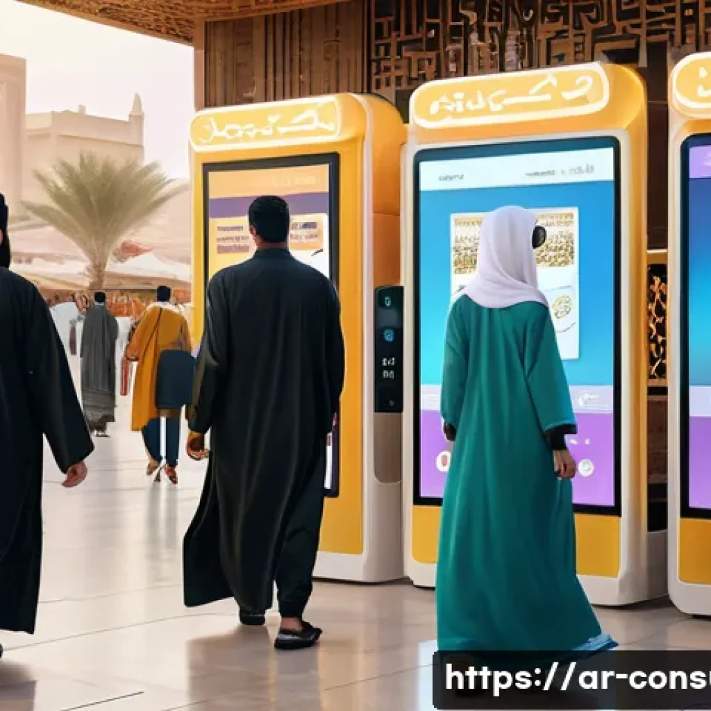 소비자 보호와 관련된 글로벌 트렌드 - A modern digital marketplace scene set in a Middle Eastern urban environment, featuring diverse Arab...