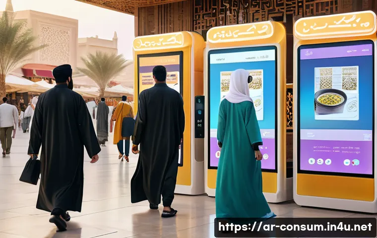 소비자 보호와 관련된 글로벌 트렌드 - A modern digital marketplace scene set in a Middle Eastern urban environment, featuring diverse Arab...