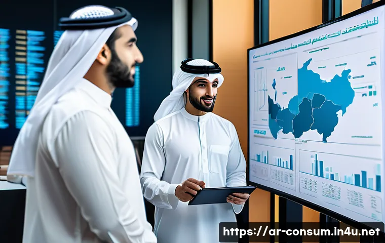 소비자 행동 데이터를 활용한 AI 모델 - A modern Middle Eastern marketing office scene showing a diverse team of Arab professionals analyzin...