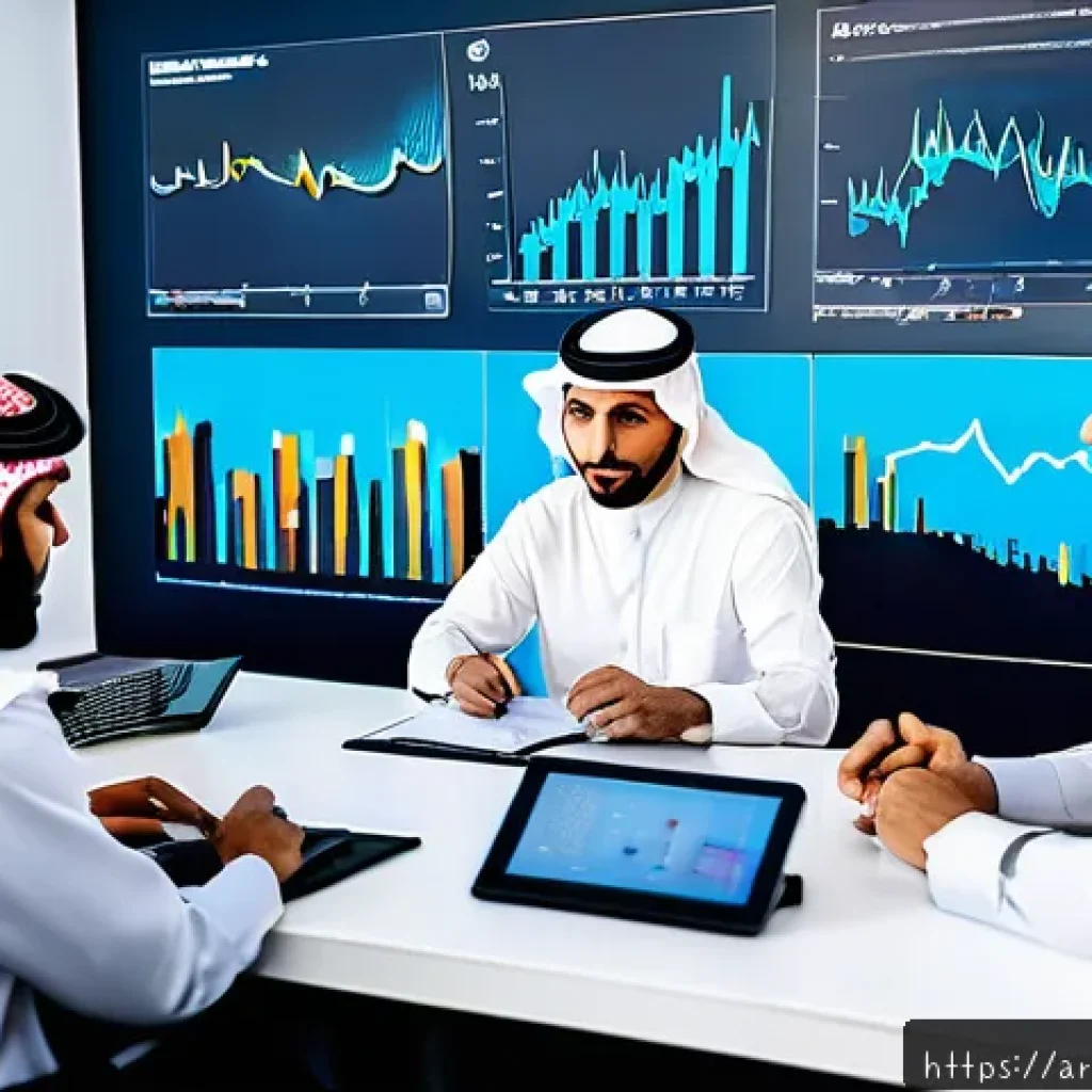 소비자 행동 분석 데이터의 활용 사례 - A modern digital marketing office scene in a Middle Eastern setting, showing a diverse team of Arab ...