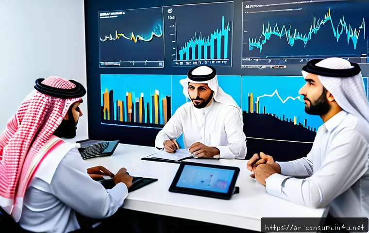 소비자 행동 분석 데이터의 활용 사례 - A modern digital marketing office scene in a Middle Eastern setting, showing a diverse team of Arab ...