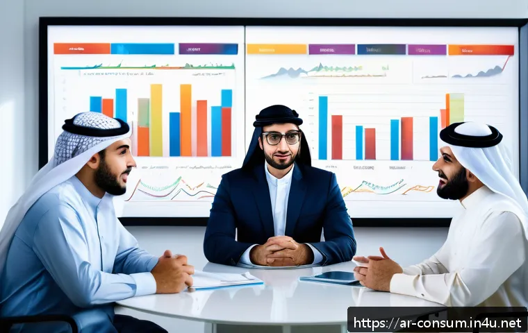 소비자 행동 데이터를 활용한 글로벌 전략 개발 - A sophisticated, modern marketing strategy meeting in a Middle Eastern corporate office, featuring d...
