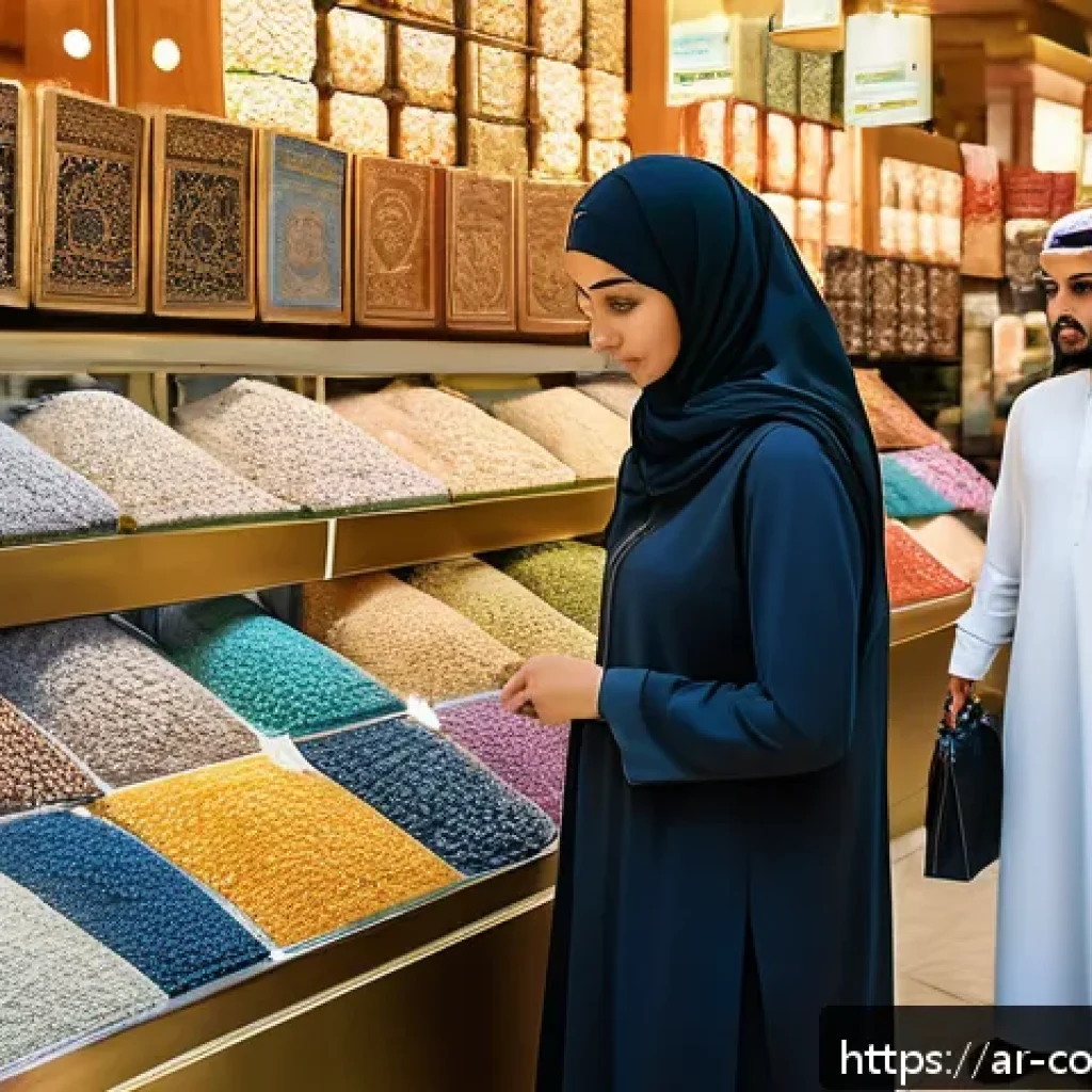 소비자 보호와 관련된 이슈와 대처 방안 - A modern Middle Eastern marketplace scene with diverse Arabic-speaking consumers shopping both in tr...