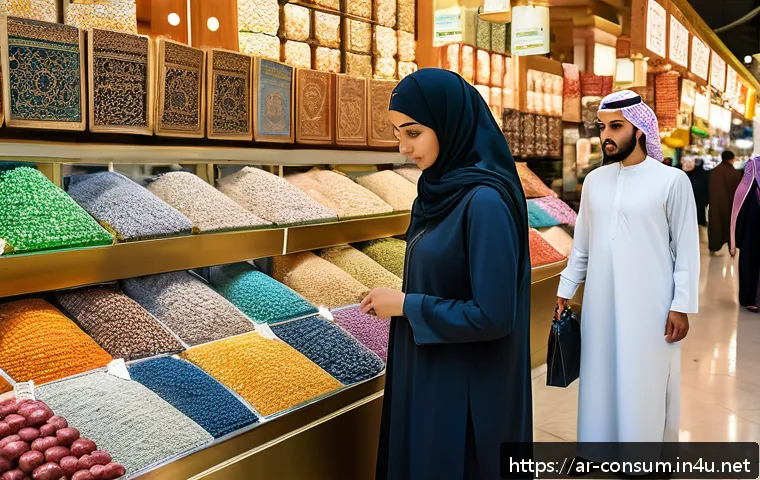 소비자 보호와 관련된 이슈와 대처 방안 - A modern Middle Eastern marketplace scene with diverse Arabic-speaking consumers shopping both in tr...