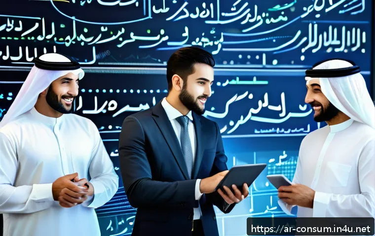 소비자중심 경영을 통한 기업 성공 전략 - A modern Arab business office scene showing a diverse group of professional Middle Eastern men and w...