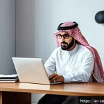 소비자 보호법과 관련된 최신 이슈 분석 - A modern Arab consumer sitting at a sleek desk in a bright, minimalist home office, attentively read...