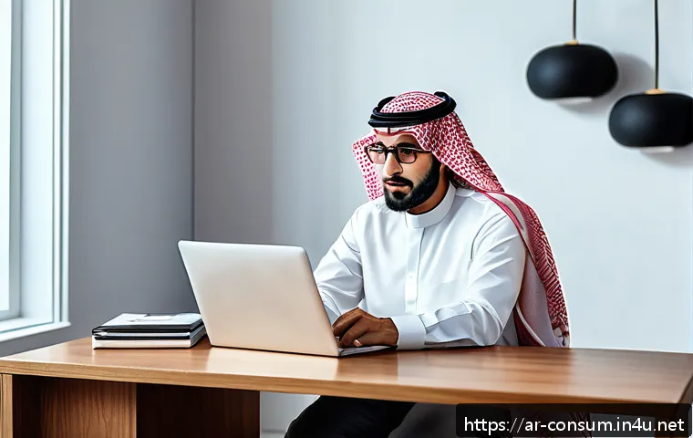 소비자 보호법과 관련된 최신 이슈 분석 - A modern Arab consumer sitting at a sleek desk in a bright, minimalist home office, attentively read...