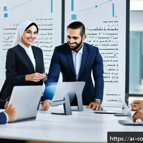 소비자중심 경영 인증 과정 소개 - A modern Middle Eastern corporate office scene showing a diverse team of professionals collaborating...