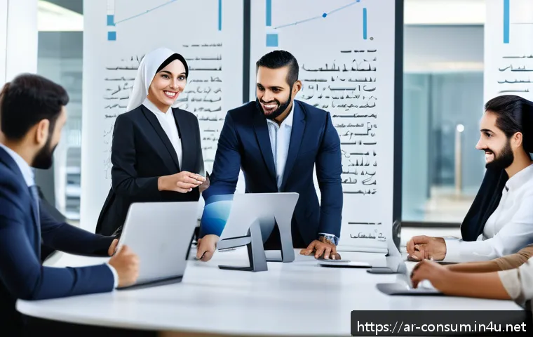 소비자중심 경영 인증 과정 소개 - A modern Middle Eastern corporate office scene showing a diverse team of professionals collaborating...
