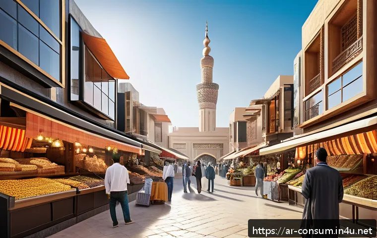 소비자 보호 관련 주요 연구 논문 리뷰 - A modern digital consumer marketplace scene set in an Arabic city, featuring diverse Middle Eastern ...