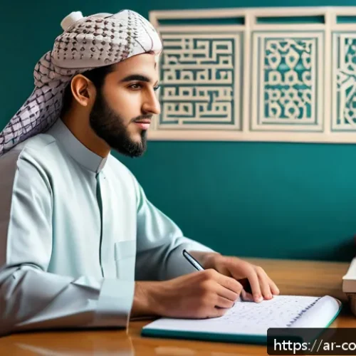 소비자전문기술사 실기 시험 팁 - A focused Arabic male student in traditional clothing sitting at a modern study desk in a cozy, well...