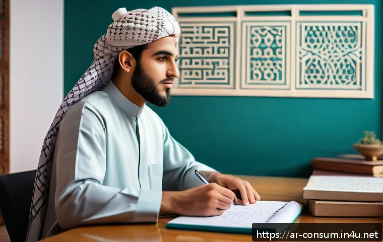 소비자전문기술사 실기 시험 팁 - A focused Arabic male student in traditional clothing sitting at a modern study desk in a cozy, well...